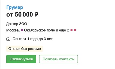 Пример объявления о поиске грумера на hh.ru