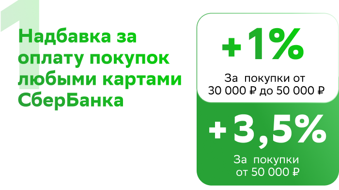 1.Надбавка за оплату покупок любыми картами СберБанка¹. +2%За  покупки от 30000 ₽ до 50000 ₽.+4% За  покупки от 50000 ₽